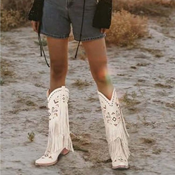 Cowgirl Western Boots Fringe Tassel Chunky High Heels Mid Calf Slip On - Picture 3 of 6
